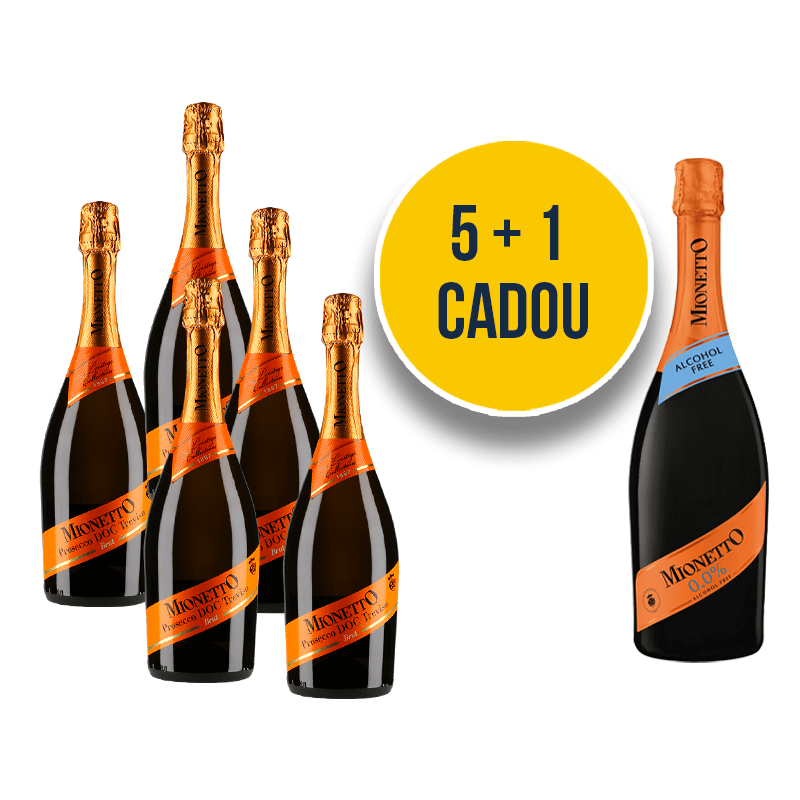 Beverages 5 x Prosecco Mionetto Treviso D.O.C Brut Alb 0.75L + CADOU Mionetto Fara Alcool 0.75L