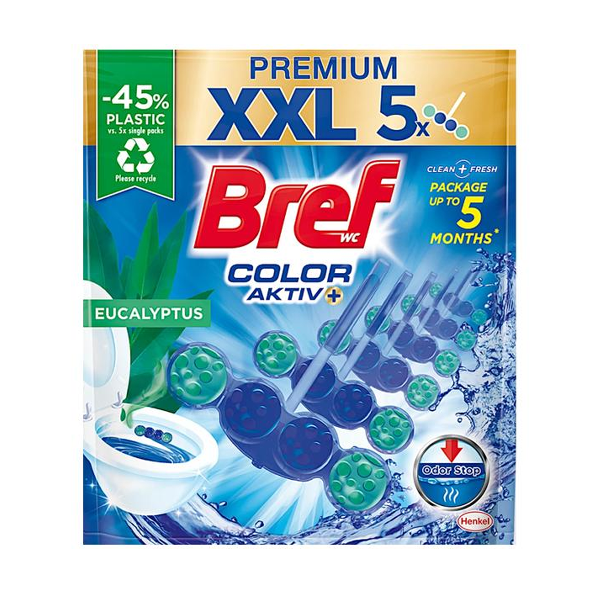 Detergent Odorizant toaleta Bref Color Activ+Eucalyptus 5x50g