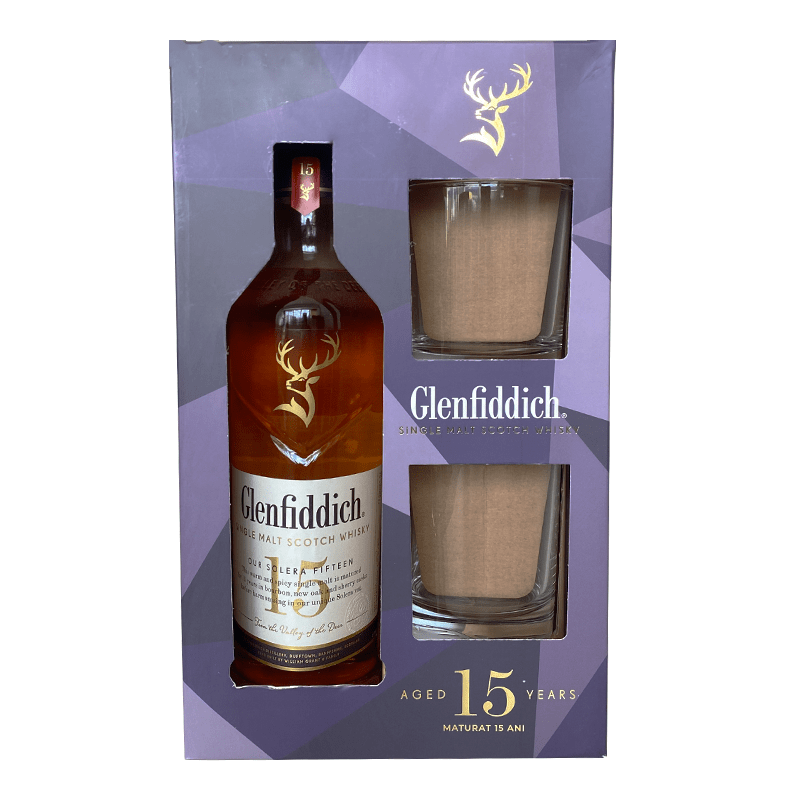 Beverages Whisky Scotch Glenfiddich 15YO Single Malt 0.7L + 2 pahare