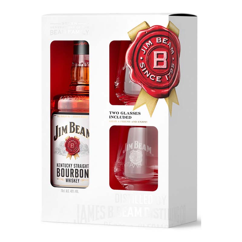 Beverages Whiskey Bourbon Jim Beam White 40% 0.7L + 2 Pahare
